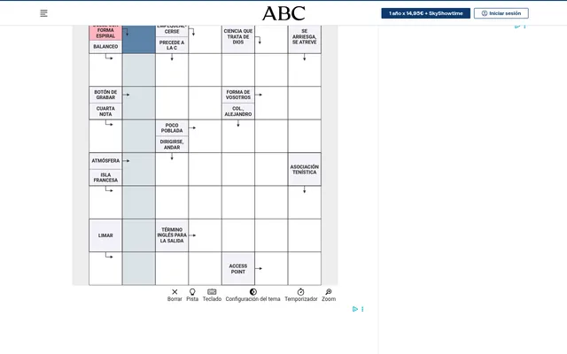 ABC's Mini autodefinido: a Spanish arrow-word grid with definitions such as Balanceo, Cuarta nota and Isla francesa in shaded squares and arrows to the empty answer squares