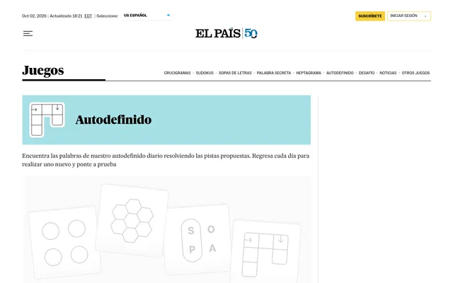 El País Juegos page for Autodefinido showing the games nav (Crucigramas, Sudokus, Sopas de letras, Palabra secreta, Heptagrama, Autodefinido and others), an arrowword icon with across and down arrows,