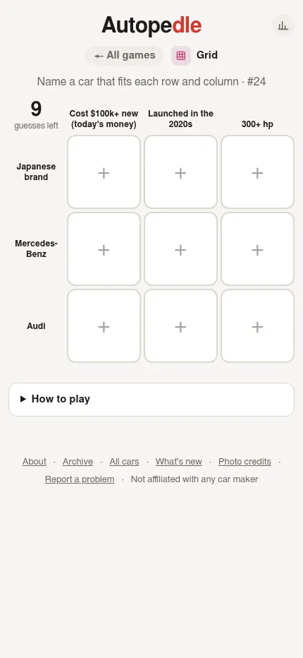 Autopedle Grid #24 on a phone: nine empty squares for Japanese brand, Mercedes-Benz and Audi rows against price, 2020s launch and 300+ hp columns
