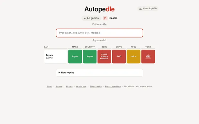Autopedle Classic, daily car #24: a Toyota 2000GT guess with green make and country, red body, drive and year and a yellow fuel clue