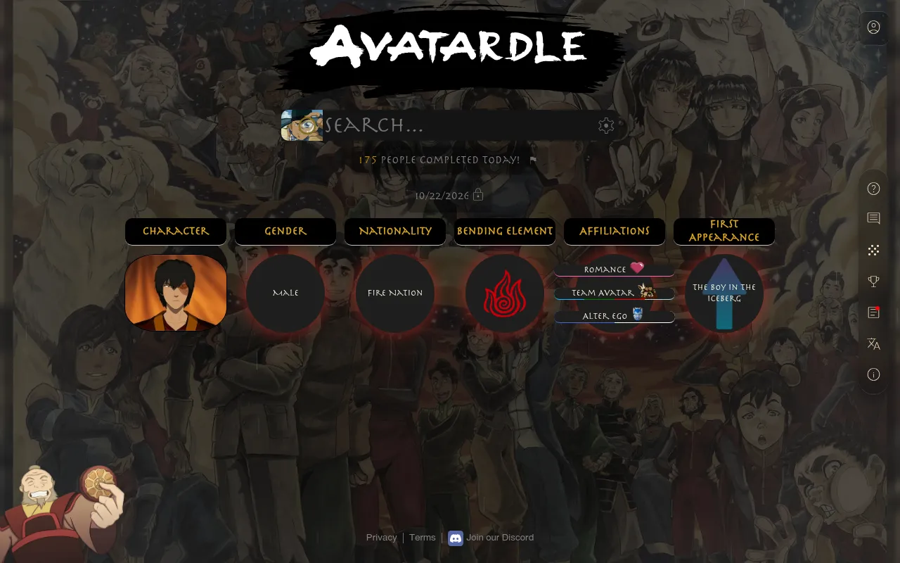 Avatardle's Classic board for 22 October 2026 after a guess of Zuko: his traits marked under Gender, Nationality, Bending Element, Affiliations and First Appearance