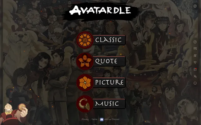 The Avatardle home screen: the game's title above its four daily modes Classic, Quote, Picture and Music, over drawn Avatar characters