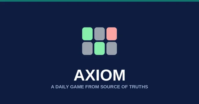 Axiom artwork: six tiles in the game's colours, two green (true), one red (false) and three grey (untested), above the name Axiom