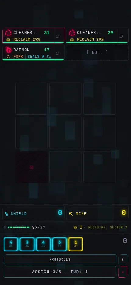 AXIOMA at phone size on the 27 October 2026 daily: two Cleaners and a Daemon above an empty three-by-three matrix, with Shield and Mine boxes and five dice to assign on turn 1