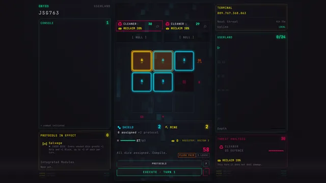 An AXIOMA turn in progress: dice placed on the three-by-three matrix with row and column damage totals, two Cleaner enemies above, Shield and Mine boxes below and an Execute button