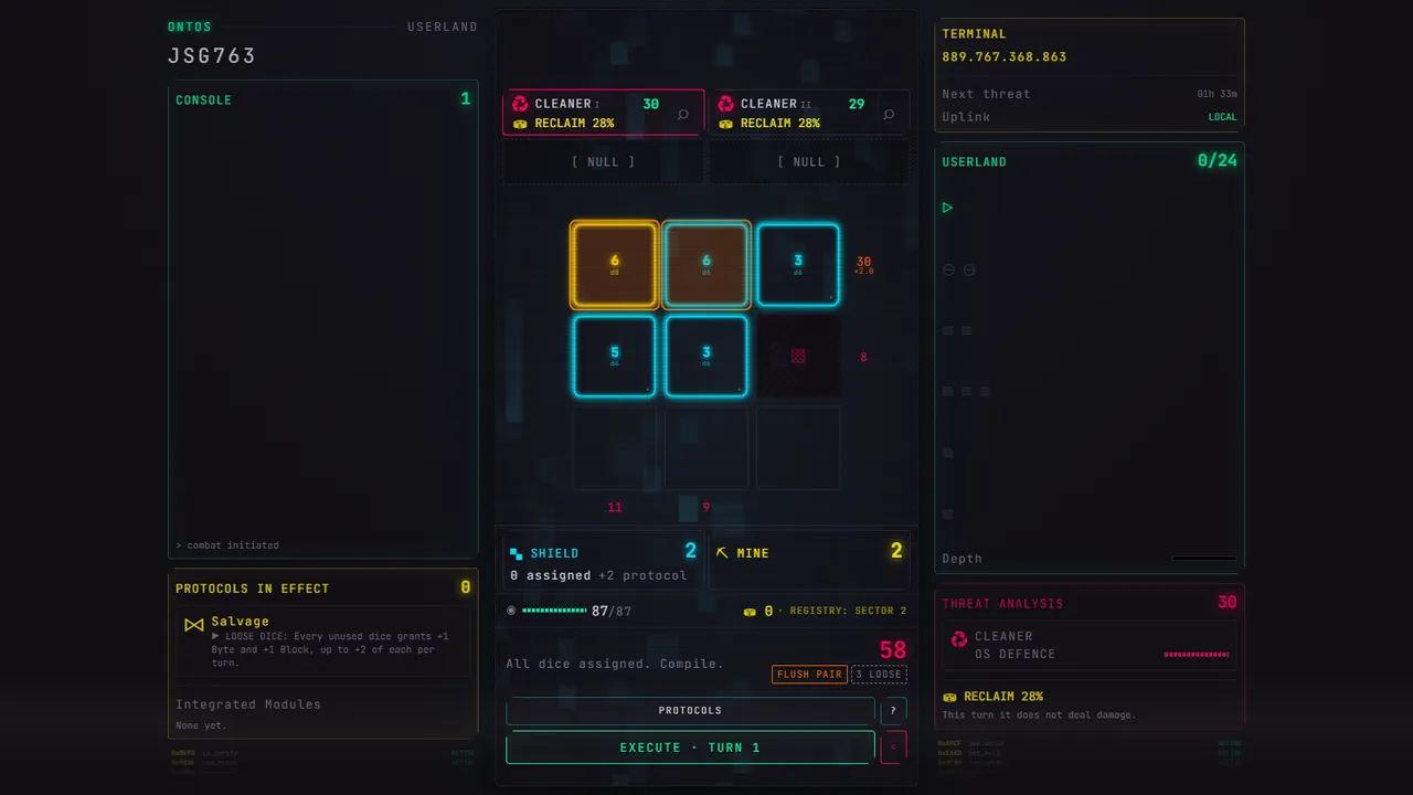 An AXIOMA turn in progress: dice placed on the three-by-three matrix with row and column damage totals, two Cleaner enemies above, Shield and Mine boxes below and an Execute button