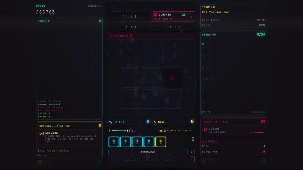AXIOMA at the start of a turn: four d6 and one d8 waiting below an empty matrix, with the console log and threat analysis panels