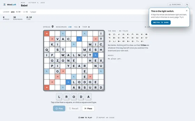 Babel's daily endgame: an 11 by 11 word tile board, the 65-tile bag listed beside it, and a five-tile rack below