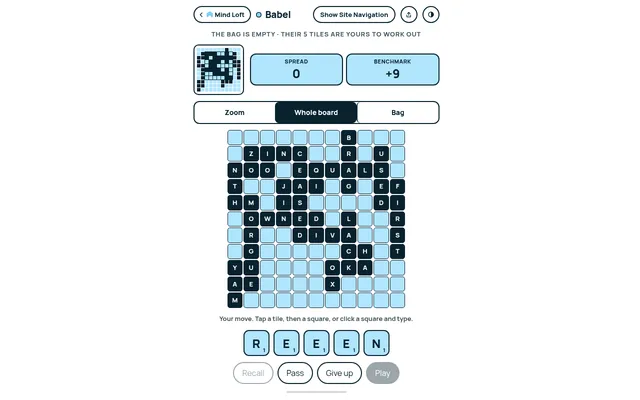 Babel's 28 October 2026 endgame on the whole 11 by 11 board, the spread at 0 against a +9 benchmark and the player's rack of R, E, E, E and N below