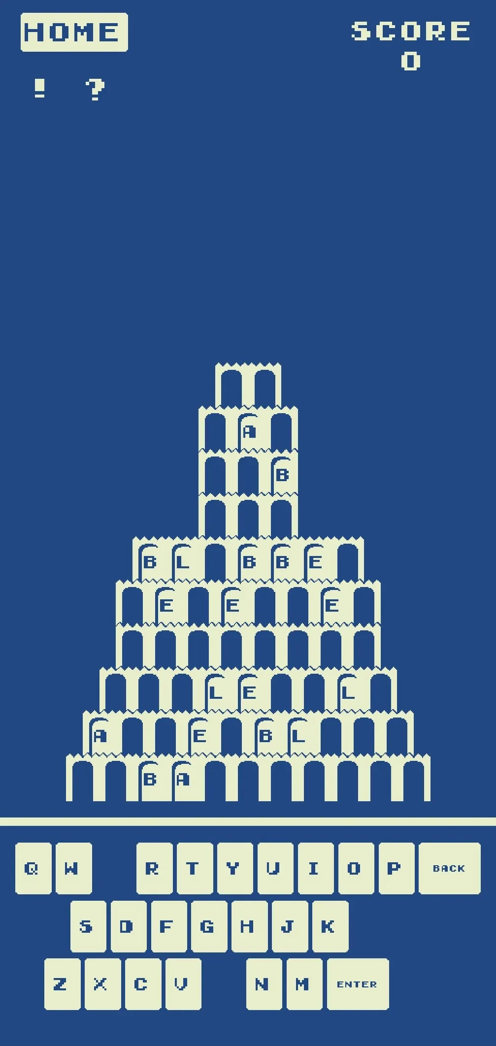bab.le at the start of a daily tower: empty arches with the letters of BABLE scattered through the rows and an on-screen keyboard
