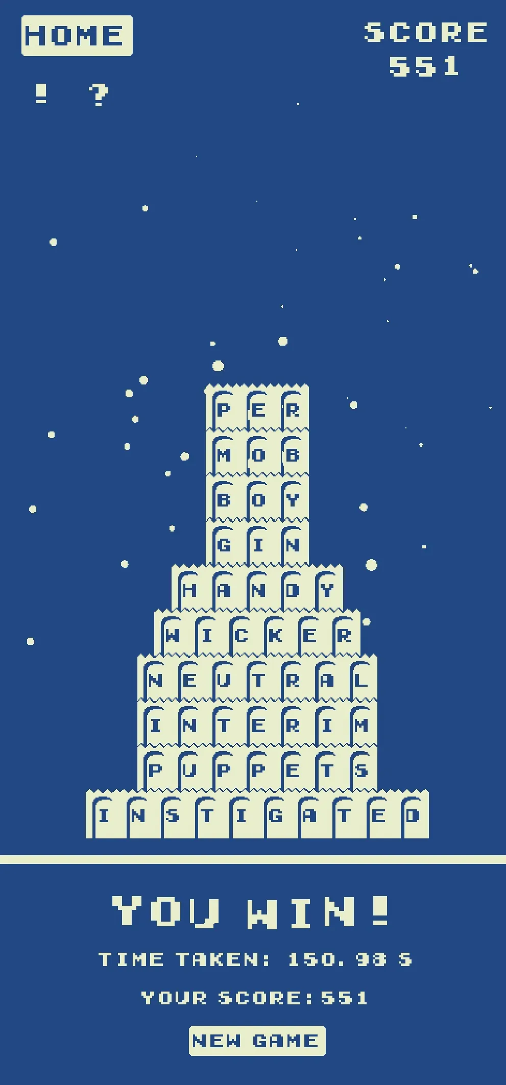 bab.le finished tower from PER down to INSTIGATED, with You win, a time of 150.98 seconds and a score of 551