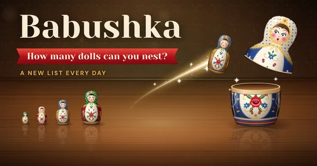 Babushka share art: painted nesting dolls on a wooden table, small to tall, with one leaping into an open big doll, and the words How many dolls can you nest