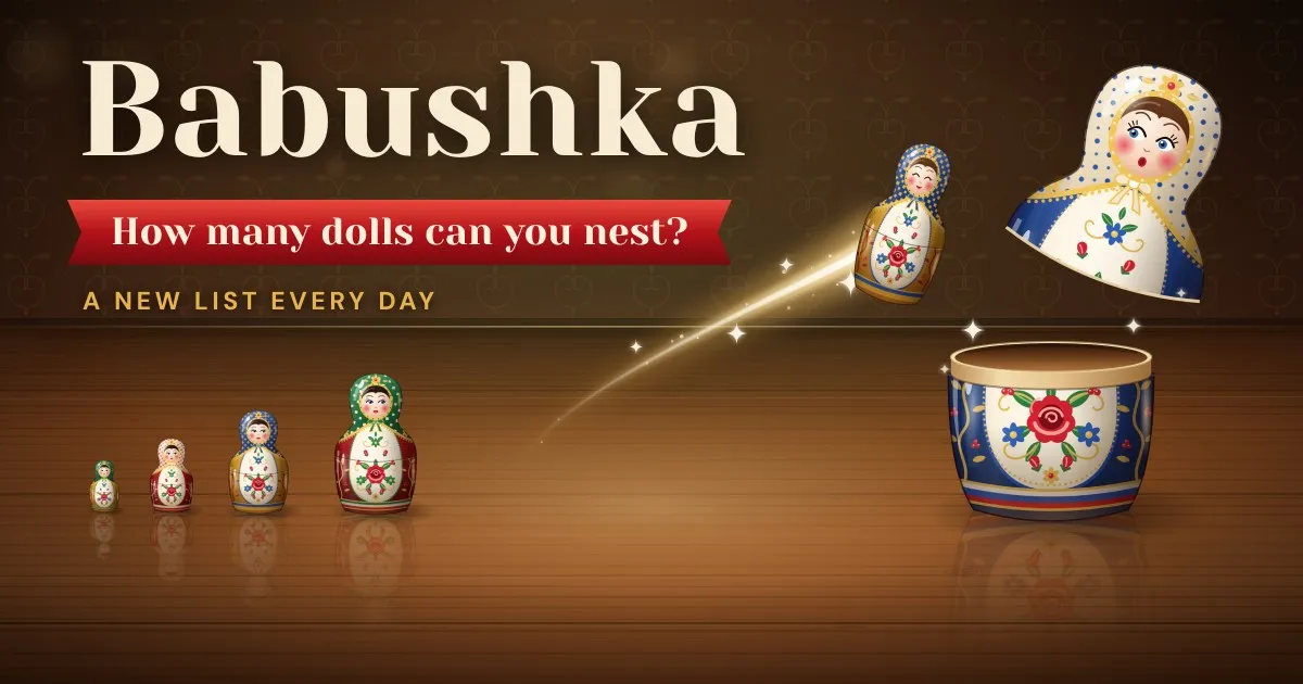 Babushka share art: painted nesting dolls on a wooden table, small to tall, with one leaping into an open big doll, and the words How many dolls can you nest