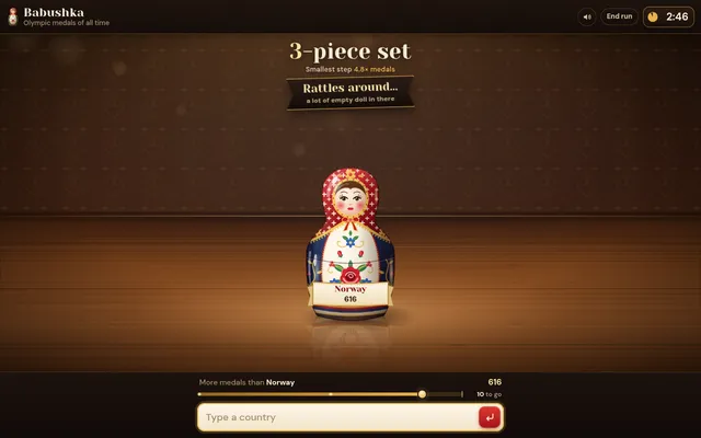 Today's Babushka run on Olympic medals of all time: a 3-piece set with a Norway doll at 616 medals, 10 to go, 2:46 on the clock and a box to type a country