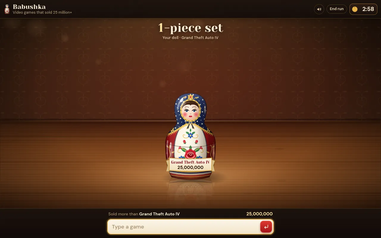 A Babushka run on the list of video games that sold 25 million or more: a one-piece set with a Grand Theft Auto IV doll, a 2:58 clock and a box to type a game