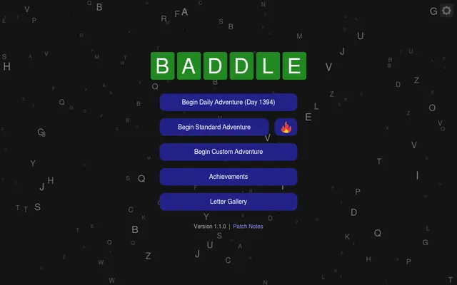 Baddle title screen: the name in green letter tiles over falling letters, with Begin Daily Adventure (Day 1394), Standard and Custom Adventure, Achievements and Letter Gallery buttons