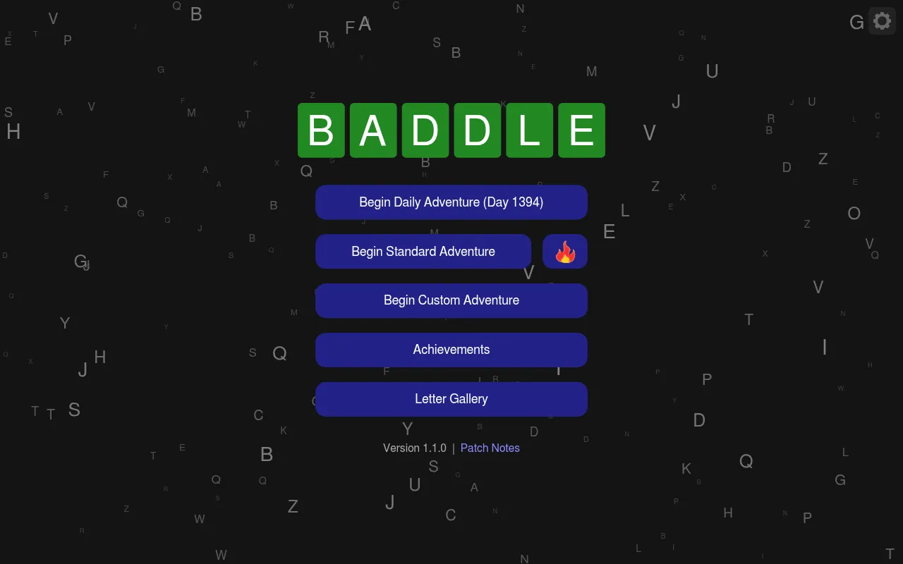 Baddle title screen: the name in green letter tiles over falling letters, with Begin Daily Adventure, Standard and Custom Adventure, Achievements and Letter Gallery buttons
