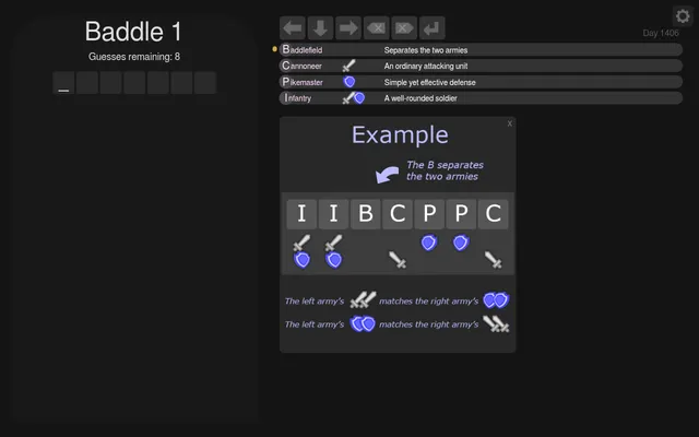 A Baddle puzzle in the Daily Adventure: an empty seven-tile row with 8 guesses left, the letter legend (Baddlefield, Cannoneer, Pikemaster, Infantry) and an example of how the B splits two armies
