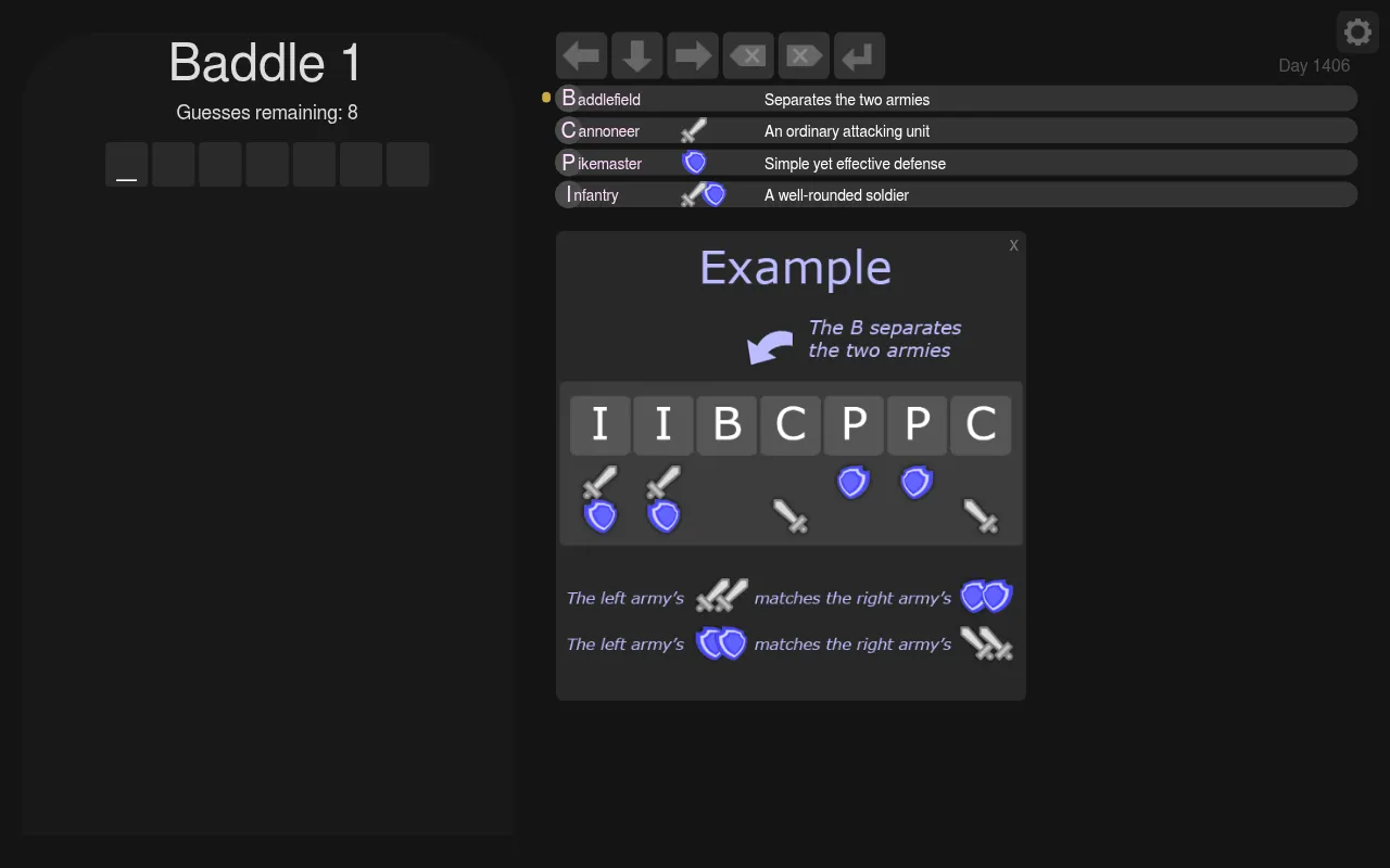 A Baddle puzzle in the Daily Adventure: an empty seven-tile row with 8 guesses left, the letter legend (Baddlefield, Cannoneer, Pikemaster, Infantry) and an example of how the B splits two armies