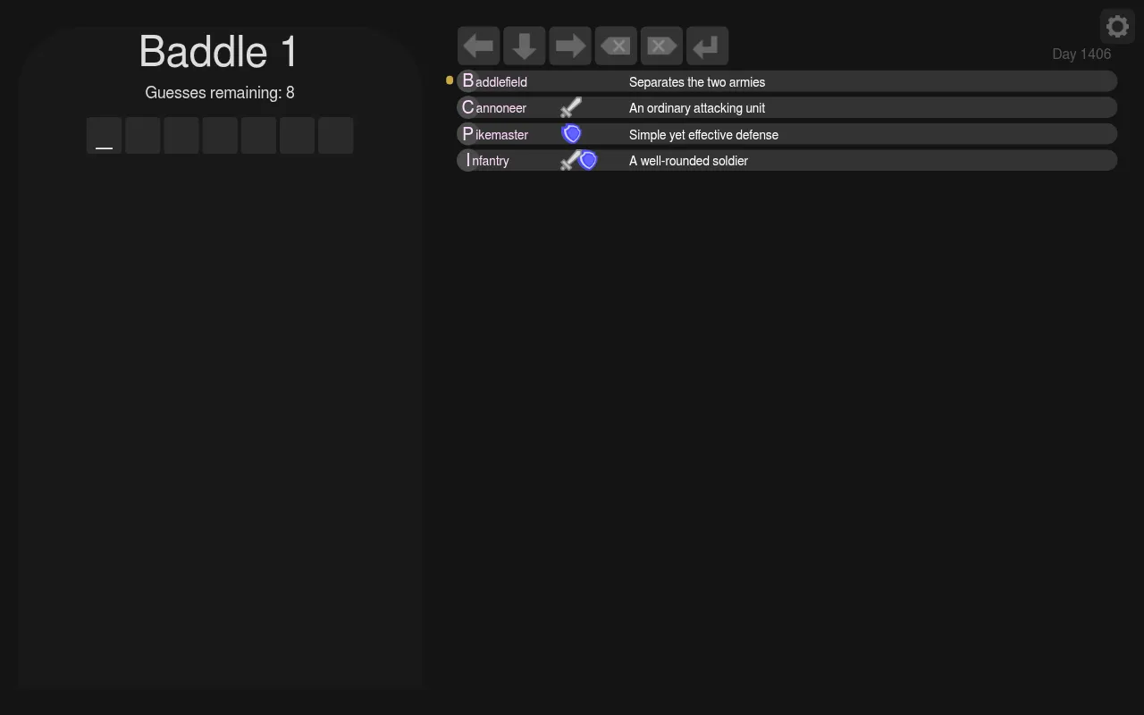 The first Baddle puzzle of the day ready for a guess: seven empty tiles, 8 guesses remaining and the four letters with their sword and shield icons
