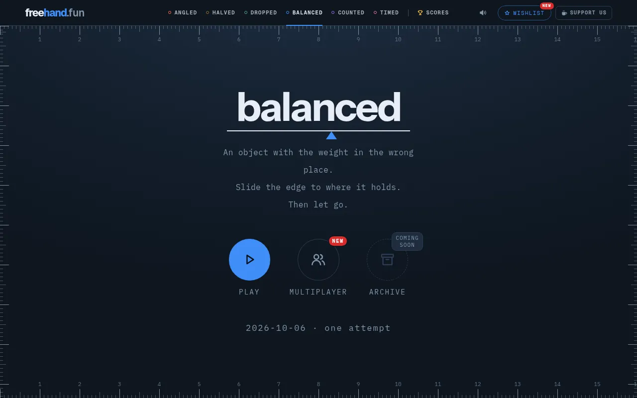 The Balanced start screen on Freehand with Play, Multiplayer and Archive buttons and the date with one attempt