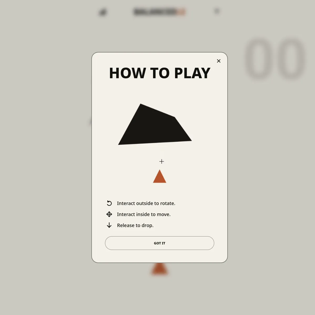 The Balancedle how to play panel showing a lopsided black polygon above an orange triangular support point, with the rules interact outside to rotate, interact inside to move and release to drop, and