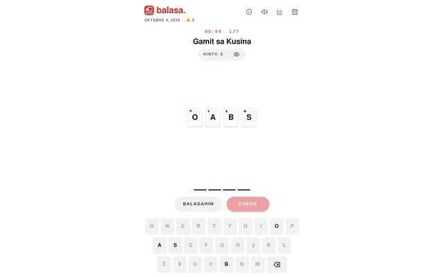 A Balasa hand: the theme Gamit sa Kusina, four letter cards O, A, B and S, the clock at 00:05 and the on-screen keyboard