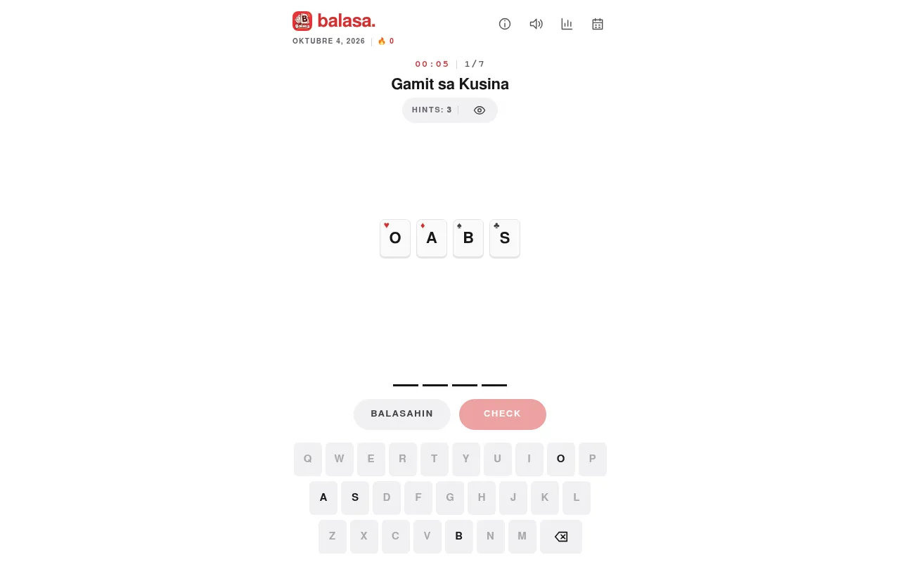 A Balasa hand: the theme Gamit sa Kusina, four letter cards O, A, B and S, the clock at 00:05 and the on-screen keyboard