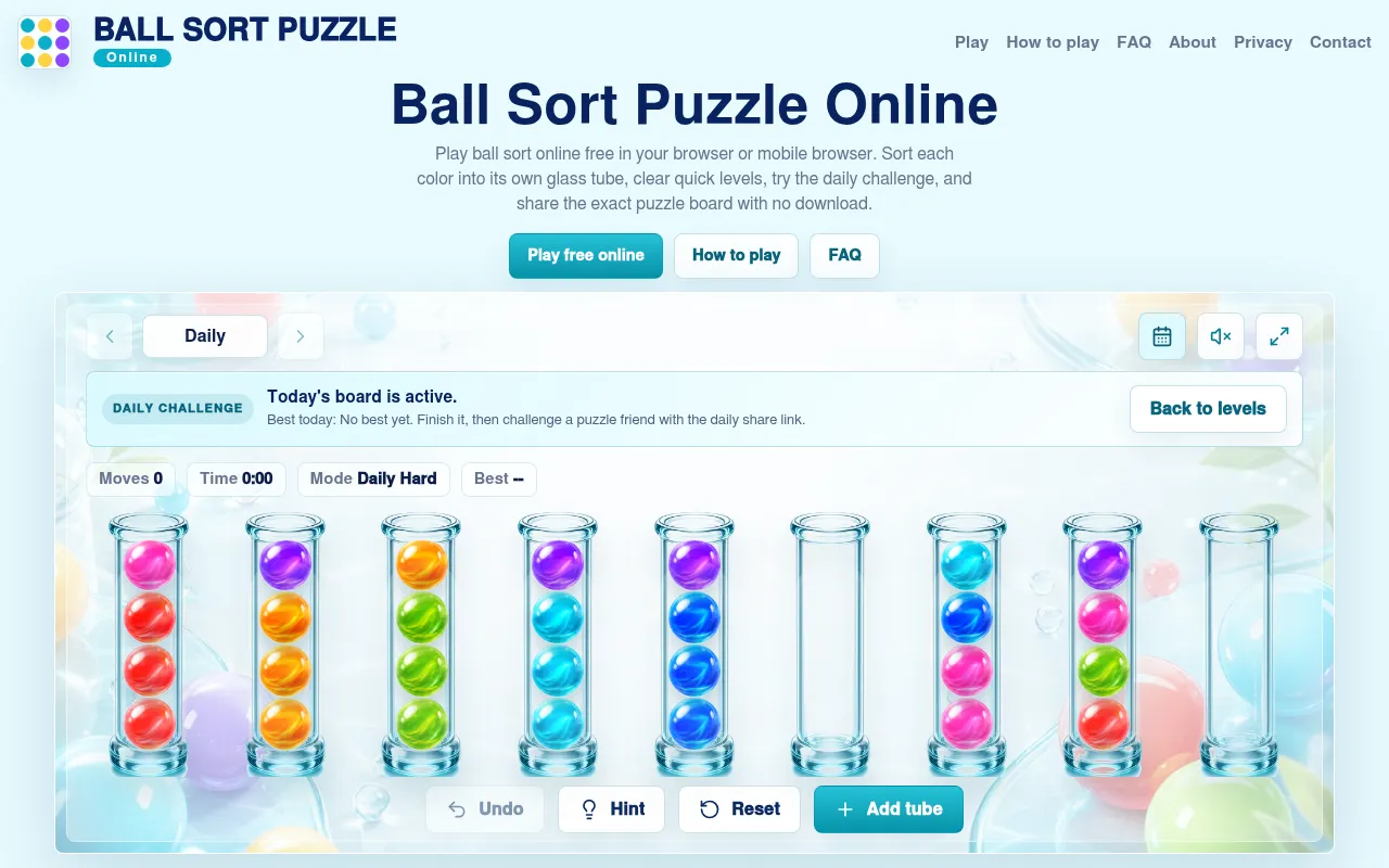 Ball Sort Puzzle Online's daily challenge board in a desktop browser: nine glass tubes, seven mixed colours and two empty tubes, with Undo, Hint, Reset and Add tube buttons