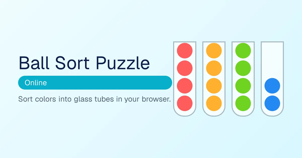 Ball Sort Puzzle Online title beside four glass tubes holding red, orange, green and blue balls