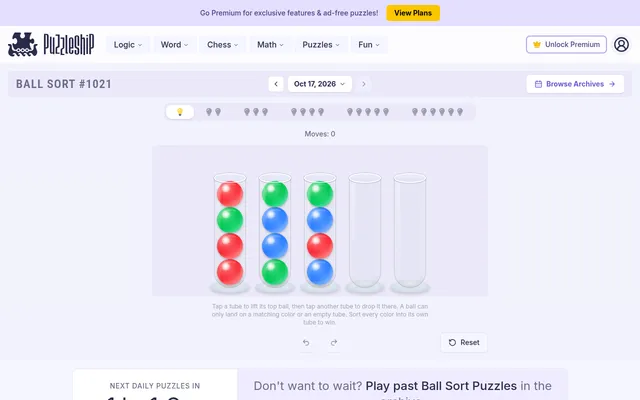 Ball Sort #1021 on Puzzleship at desktop size: the very easy board of five tubes, three holding red, green and blue balls and two empty, with undo and reset below