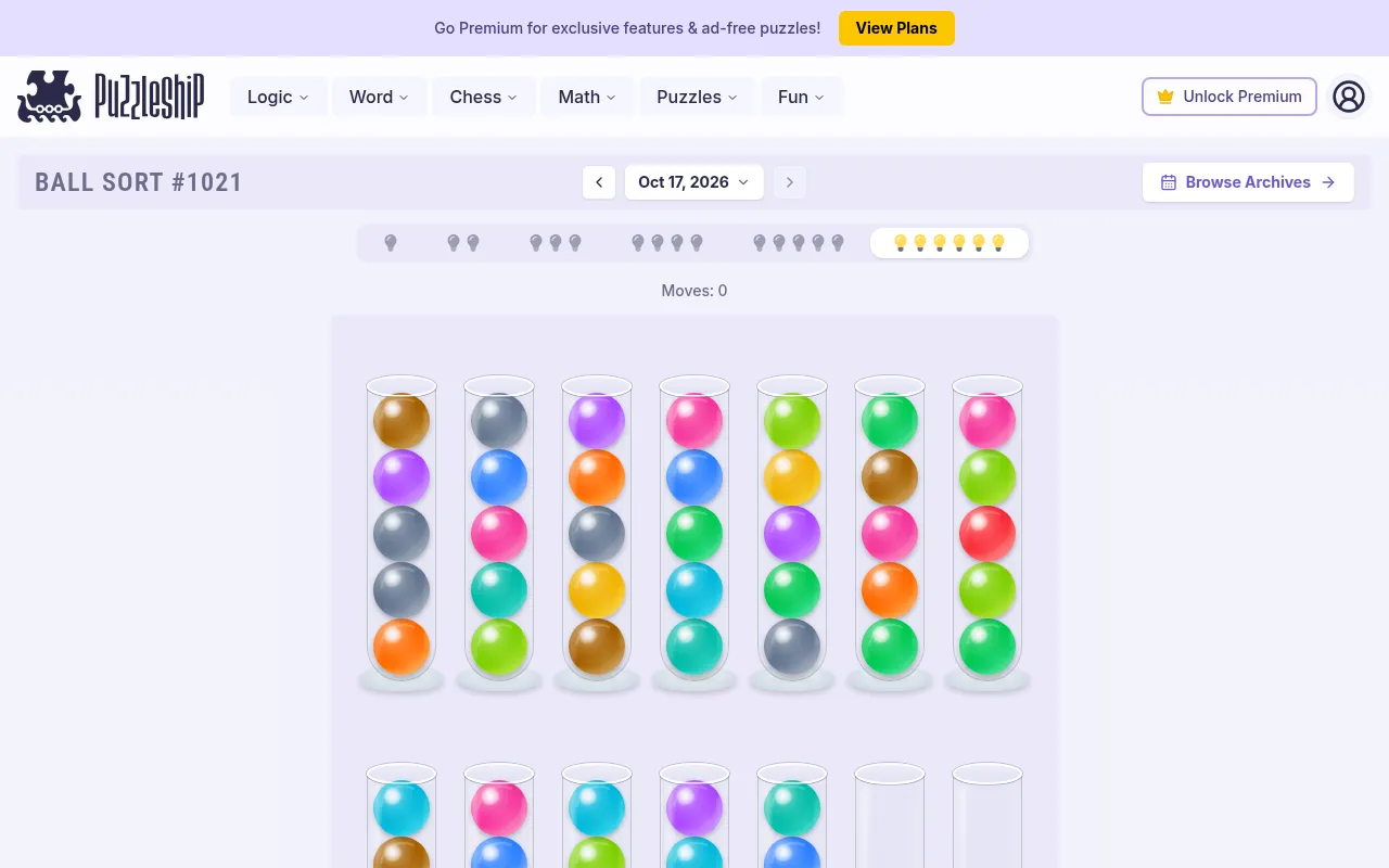 An ultra hard Ball Sort board from Puzzleship: two rows of tubes with five balls each in a dozen colours and two empty tubes