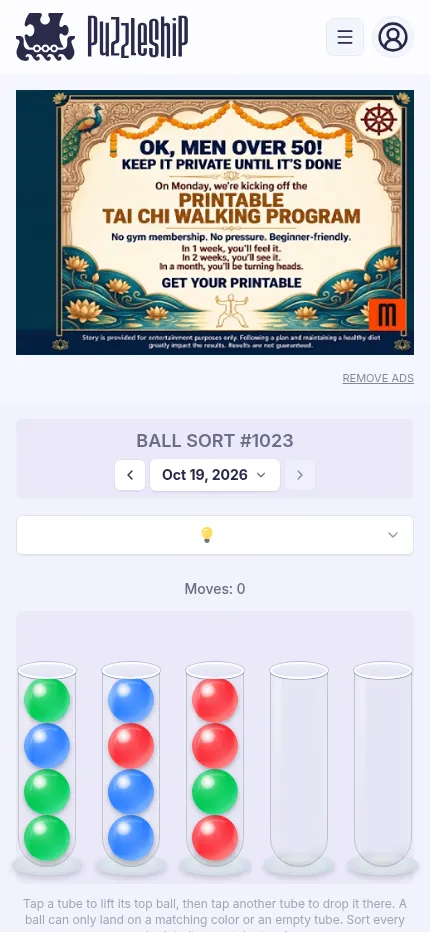 Ball Sort #1023 at phone size: a display ad above the puzzle number, date picker and difficulty menu, with the very easy board of five tubes below