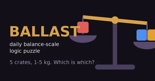 The word BALLAST beside a tipped balance scale with a red crate on one pan and blue and orange crates on the other