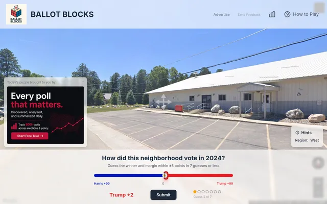 Ballot Blocks daily puzzle on a desktop: today's Street View of a white hall among pines, the first hint (Region: West), the margin slider and guess 2 of 7; a sponsor box at left