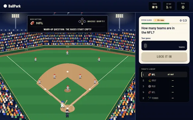 Ballpark game 9, at-bat 1: a pixel baseball diamond, the question How many teams are in the NFL with a guess box and pitch clock, and today's lineup of five sports