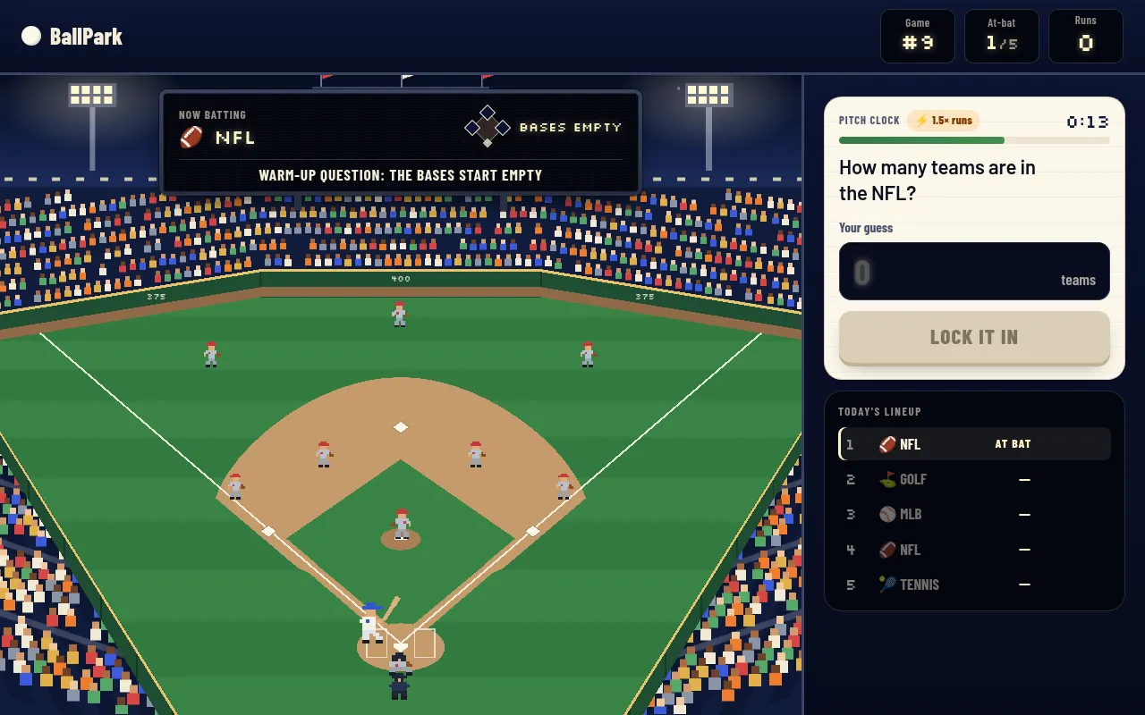 Ballpark game 9, at-bat 1: a pixel baseball diamond, the question How many teams are in the NFL with a guess box and pitch clock, and today's lineup of five sports