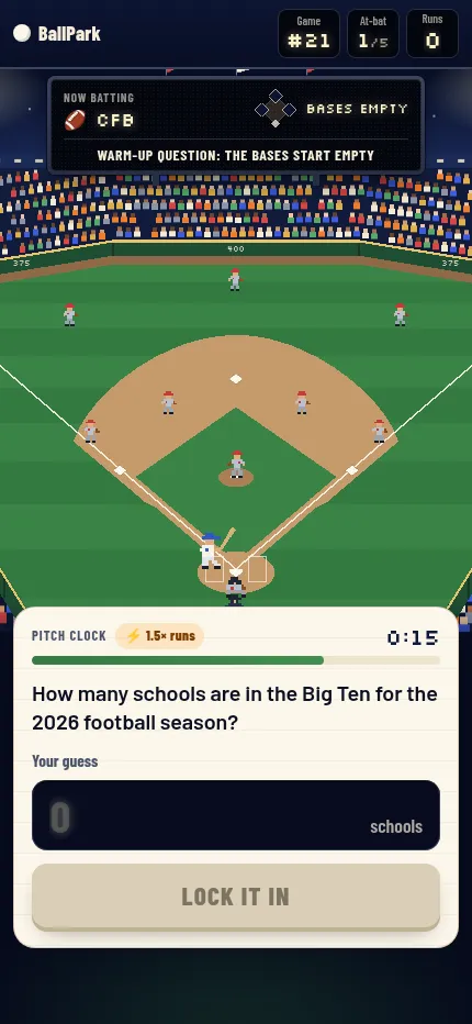 Ballpark on a phone: the pixel ballpark above a question card with pitch clock, guess box and Lock It In button