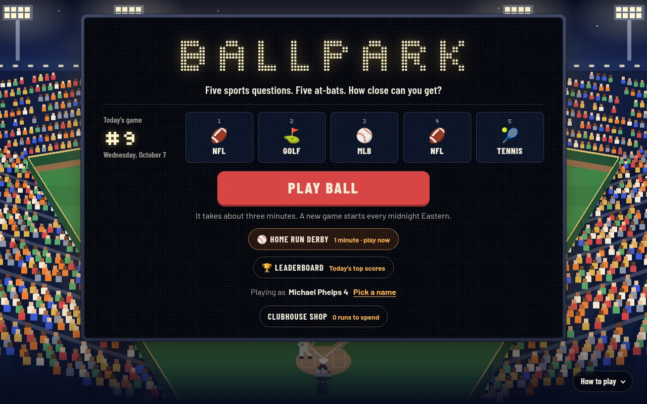 Ballpark's home screen: the scoreboard-lit title BALLPARK, today's game #9 with its NFL, golf, MLB, NFL and tennis lineup, and a Play Ball button
