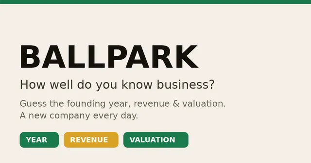 Ballpark title card: guess the founding year, revenue and valuation