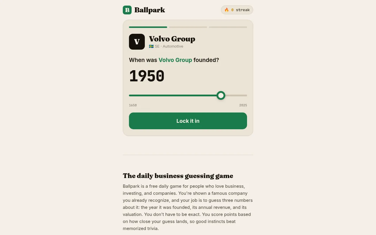 Ballpark's daily company, Volvo Group: the first of three questions, when was it founded, with a year slider from 1650 to 2025 and a Lock it in button