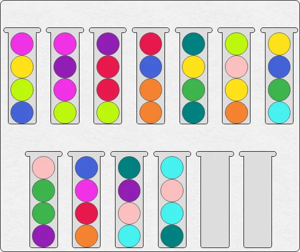 The Medium Ballsort board on PuzzleMadness for 28 October 2026: eleven tubes of four mixed coloured balls and two empty tubes
