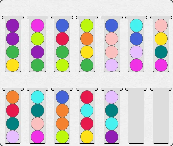 Today's Medium Ballsort board on PuzzleMadness for 3 October 2026: twelve tubes of four mixed coloured balls and two empty tubes