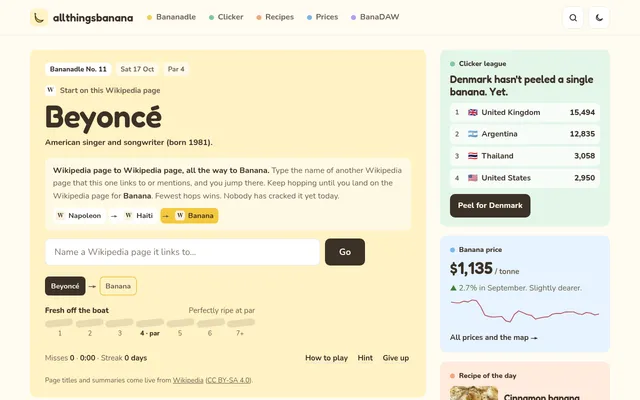 The Bananadle board for No. 11, starting on the Wikipedia page Beyoncé, with the box to name the next page, the route to Banana and the par 4 score bar
