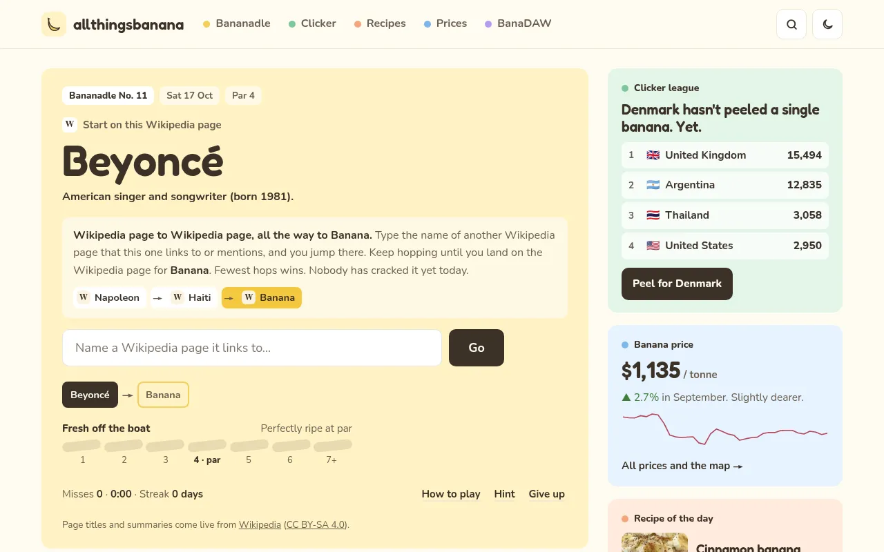 The Bananadle board for No. 11, starting on the Wikipedia page Beyoncé, with the box to name the next page, the route to Banana and the par 4 score bar