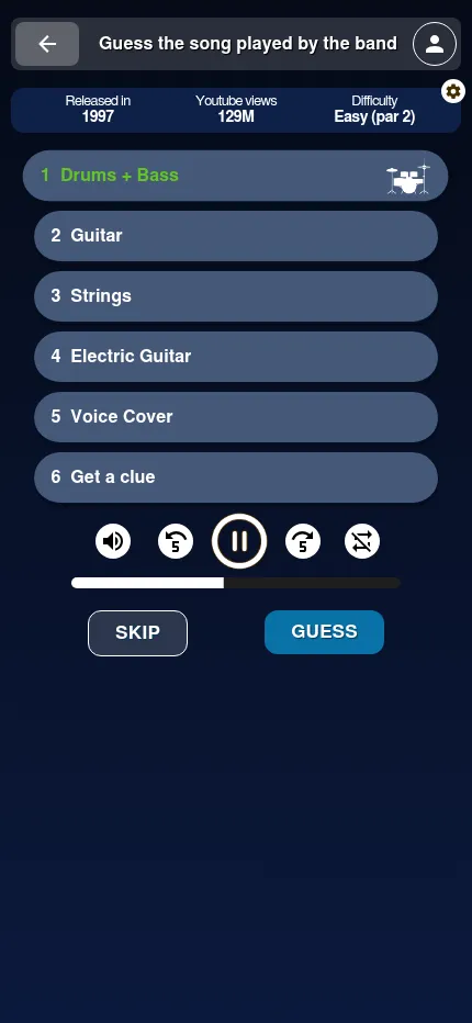 Bandle at phone size on 28 October 2026: the day's six instrument layers listed under the year, views and par, with the play controls below