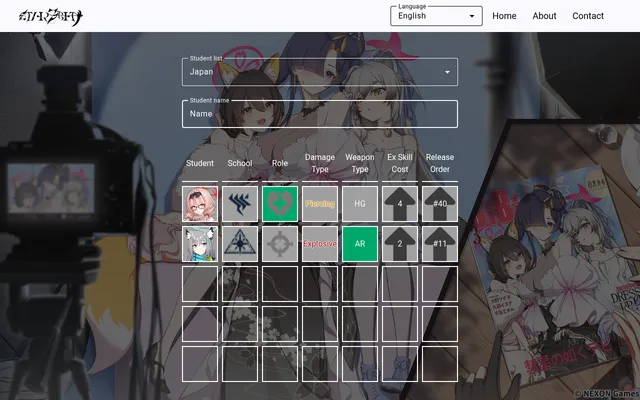 Today's Bardle board after two guesses: rows of school, role, damage type, weapon, Ex skill cost and release order clues in green, grey and higher-or-lower arrows