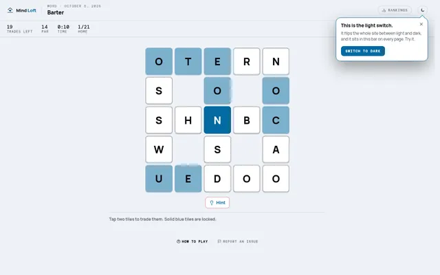 Barter's daily 5 by 5 letter grid of six crossing words, with some tiles locked in blue and the trades left counted above