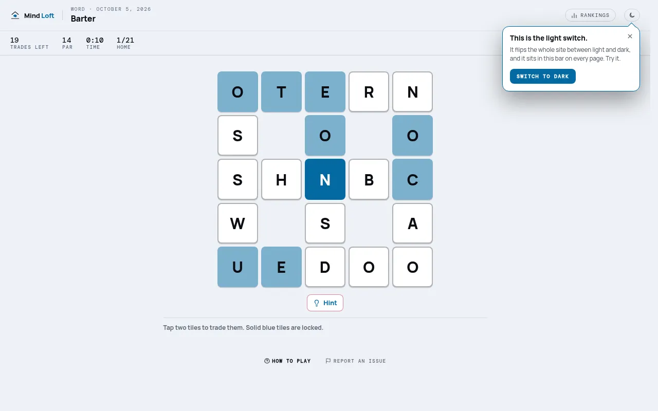 Barter's daily 5 by 5 letter grid of six crossing words, with some tiles locked in blue and the trades left counted above