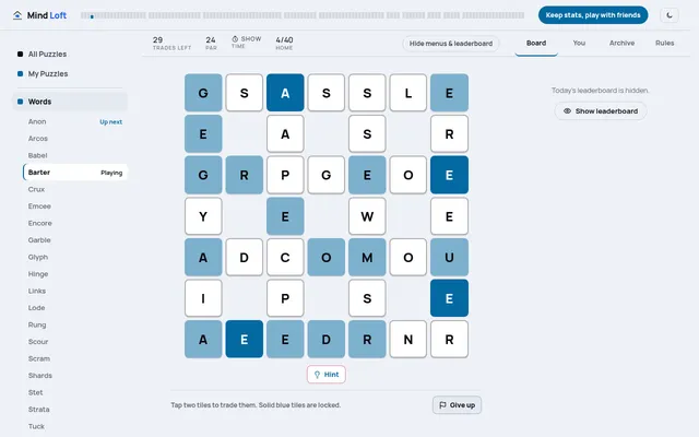 Barter's 18 October Sunday Edition: a 7 by 7 lattice of eight crossing words, tiles in solid blue, faded blue and white, with 29 trades left and par 24